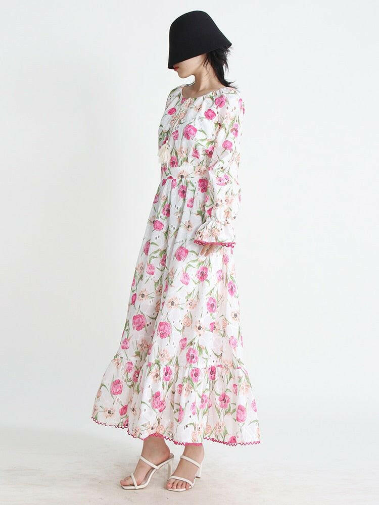 Floral Print Maxi Dresses For Women - Round Neck Petal Sleeve High - Drawstring in Beautiful Pink - By Baano