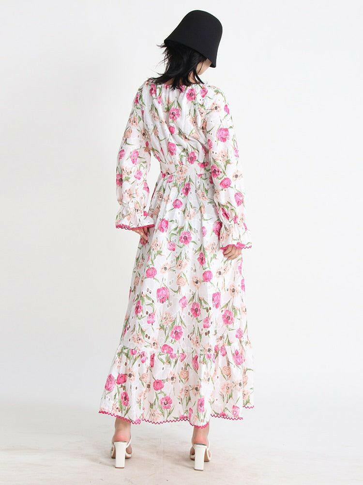 Floral Print Maxi Dresses For Women - Round Neck Petal Sleeve High - Drawstring in Beautiful Pink - By Baano