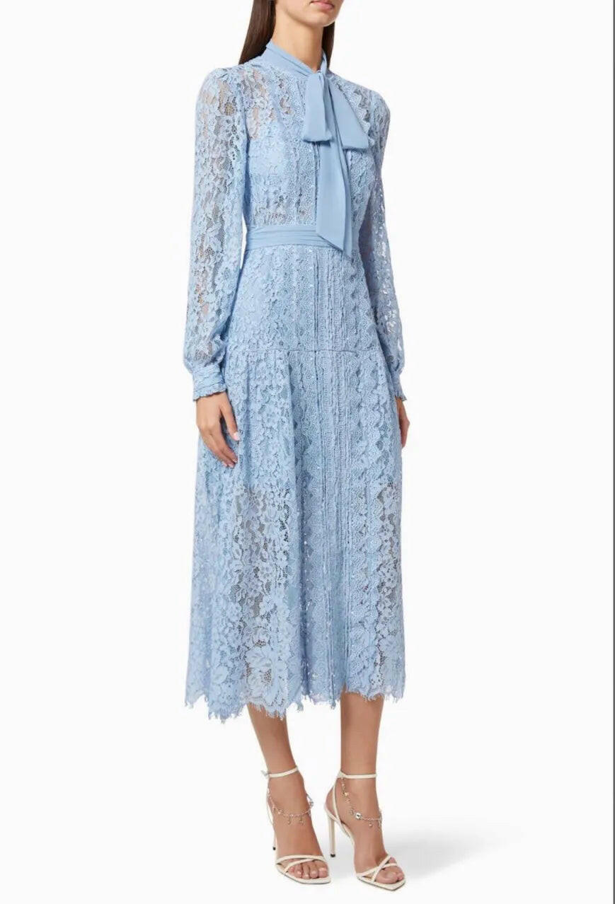 Light Blue Lace Embroidery Ribbon Bow Collar Long Sleeve Long Dress - By Baano