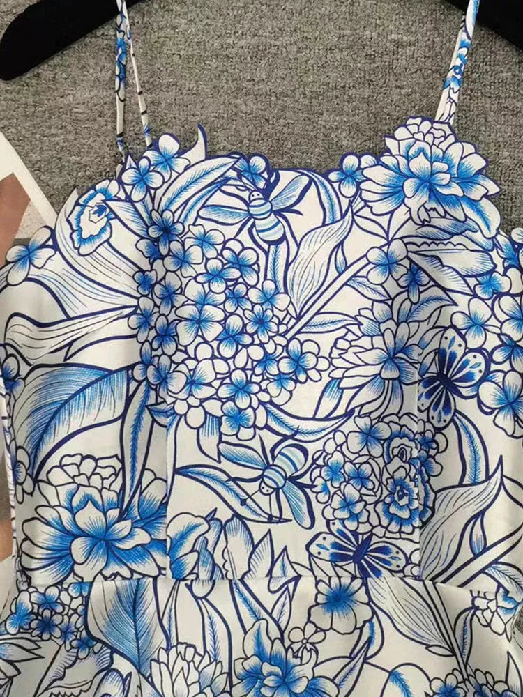 Summer Runway Women's Fashion Spaghetti Strap Flower Print Blue Elegant Long Dress - By Baano