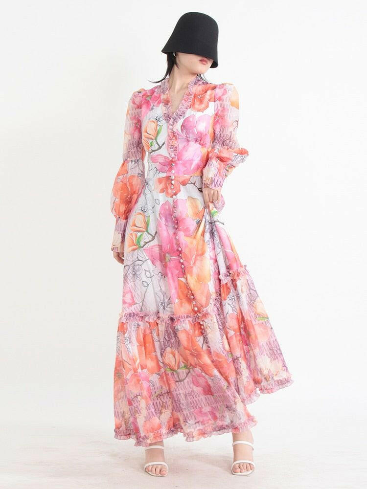 Printed Casual Long Dresses For Women - V Neck Lantern Sleeve High Waist -  Maxi Dress Female.