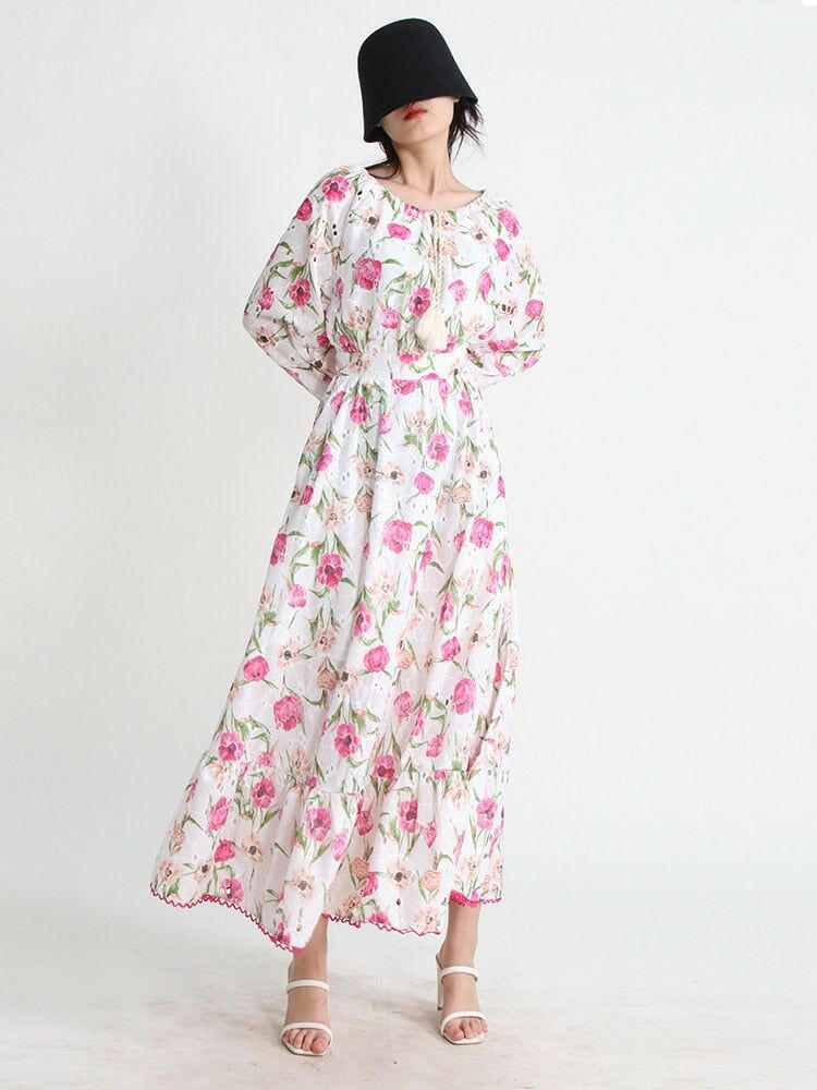 Floral Print Maxi Dresses For Women - Round Neck Petal Sleeve High - Drawstring in Beautiful Pink.