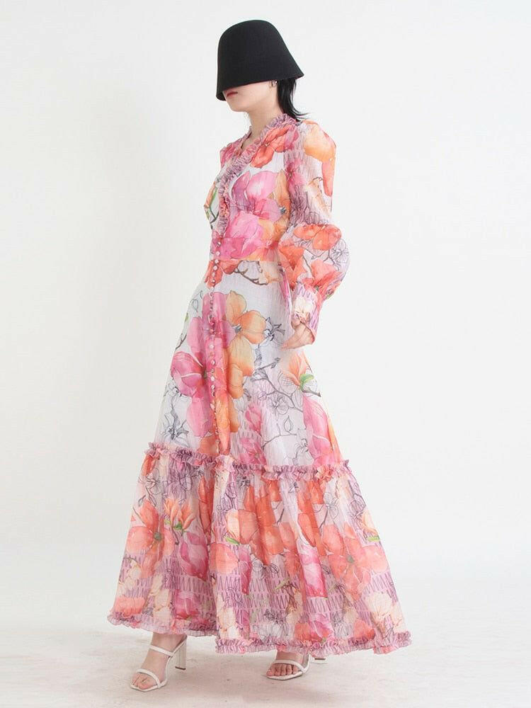 Printed Casual Long Dresses For Women - V Neck Lantern Sleeve High Waist -  Maxi Dress Female.