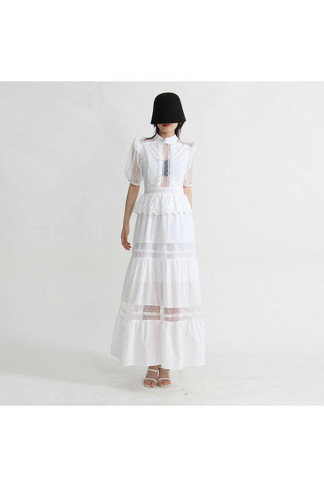 Elegant White Dresses For Women - Stand Collar Puff Sleeve - Maxi Dress - By Baano