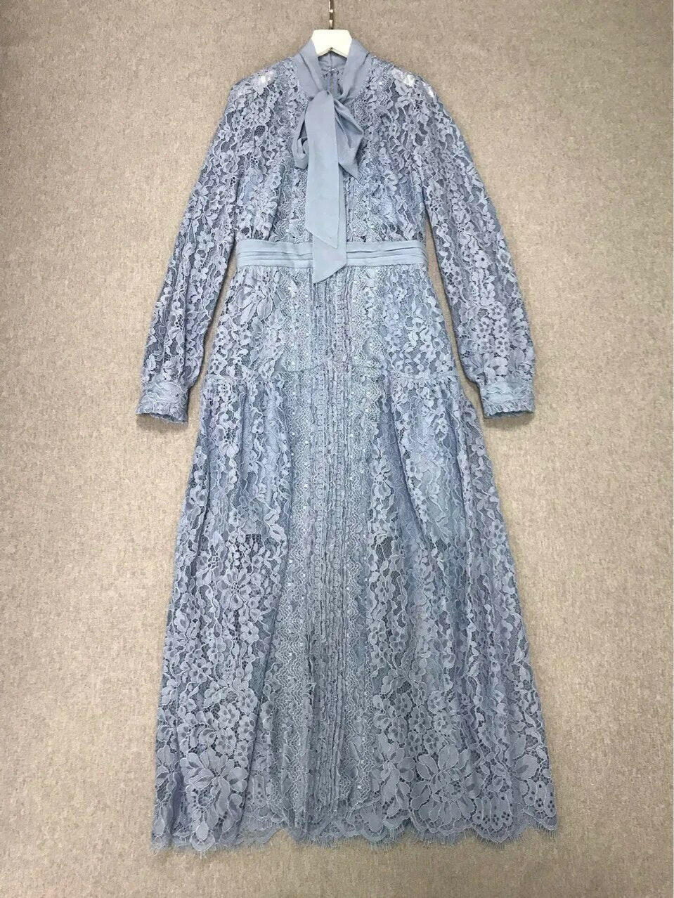 Light Blue Lace Embroidery Ribbon Bow Collar Long Sleeve Long Dress - By Baano