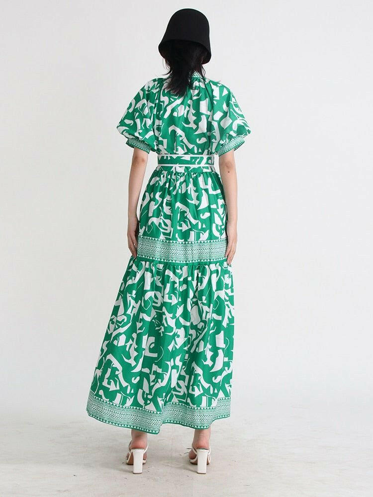 Maxi Dress With Belt - Stand Collar Puff Sleeve - High Waist Print -tiered Midi Dress.