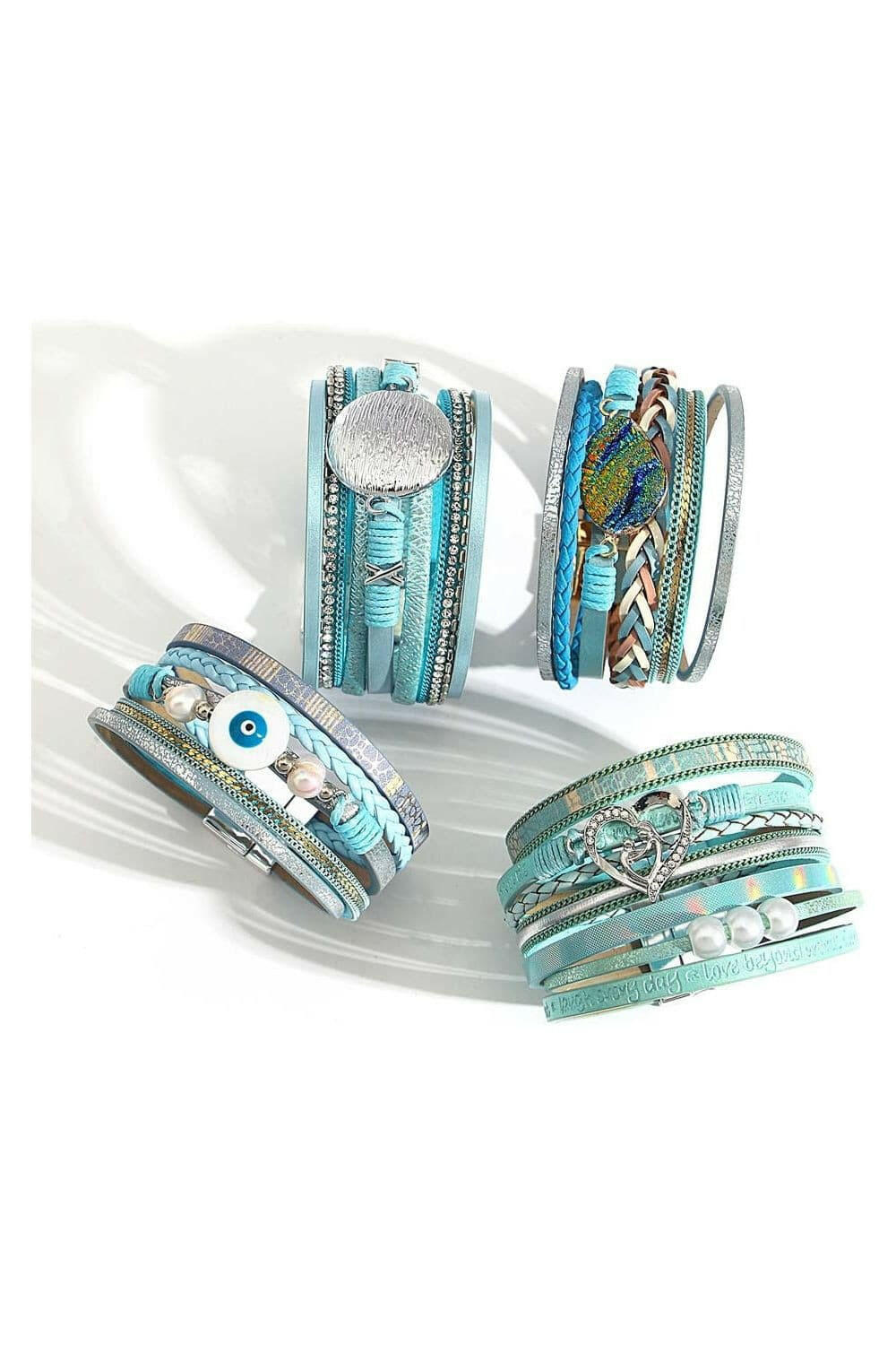 Boho Blue Multilayer Braided Leather Bracelet for Women - Charm Heart Cross Evil Eye Pearl Wrap Bracelets.