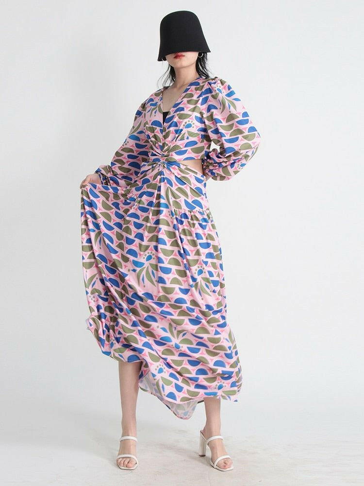 Hollow Out Maxi Dress For Women Deep V Neck Long Sleeve High Waist Slim Folds Print A Line Dress.