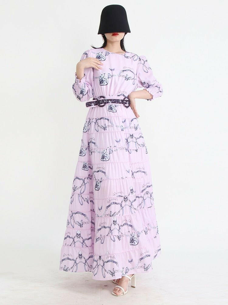 Round Neck Long Sleeve High Waist Tunic - Printed Pleated Midi Dress.