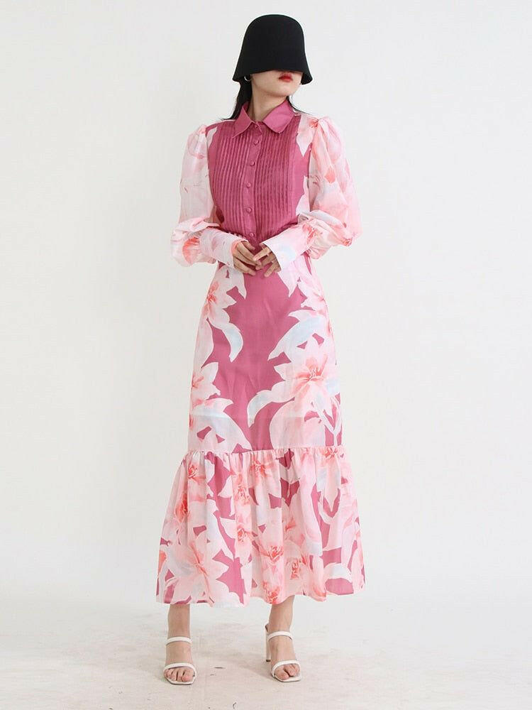 Slim Two Piece Sets For Women Lapel Lantern Sleeve - Pleated Skirts Printing Hit Color Set.