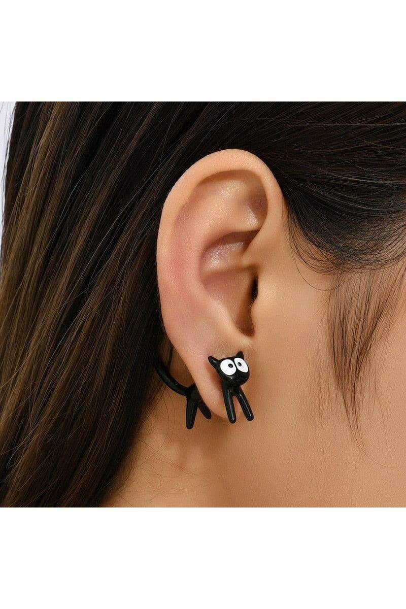Black Cat Stud Earrings for Women Front Back Animal Jewelry.
