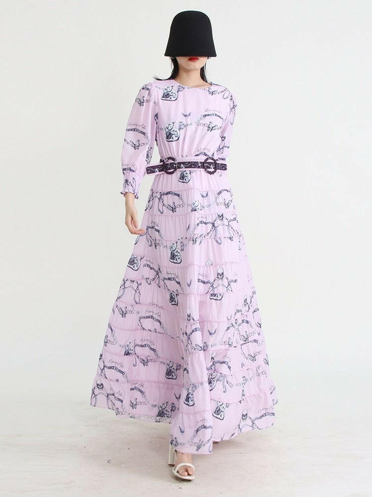 Round Neck Long Sleeve High Waist Tunic - Printed Pleated Midi Dress.