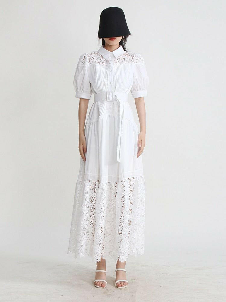 Embroidery Floral Dresses For Women Lapel Puff Sleeve High Waist Patchwork Belt Elegant Maxi Dress - By Baano