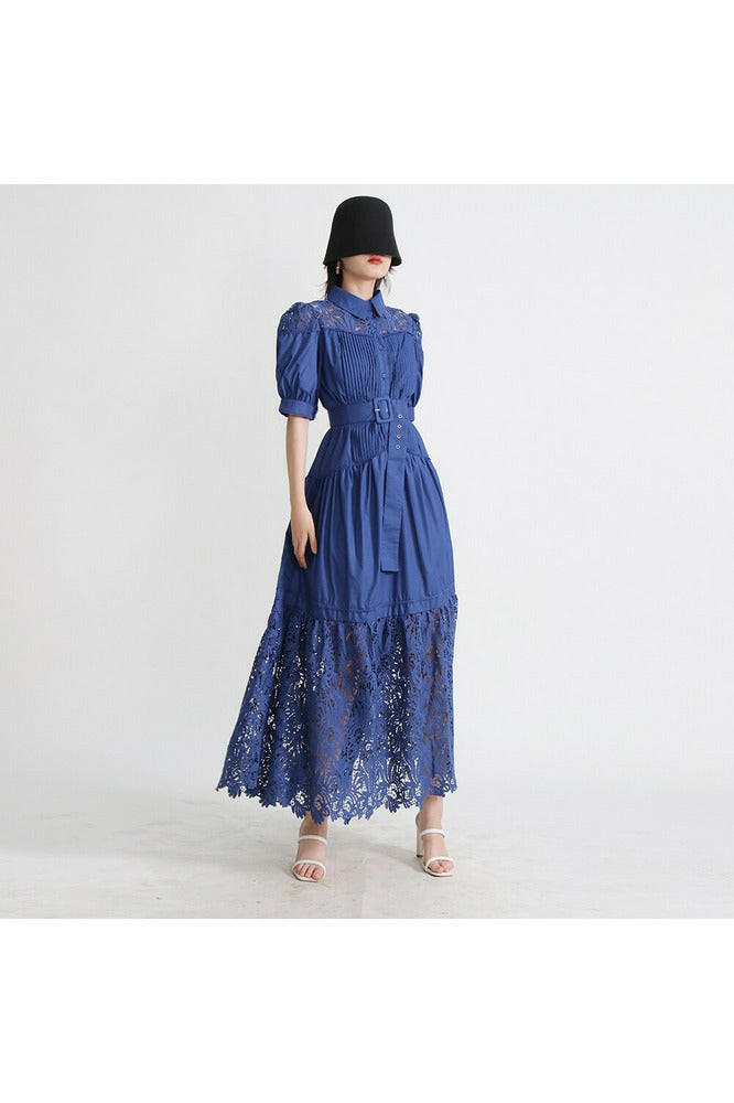 Embroidery Floral Dresses For Women Lapel Puff Sleeve High Waist Patchwork Belt Elegant Maxi Dress - By Baano