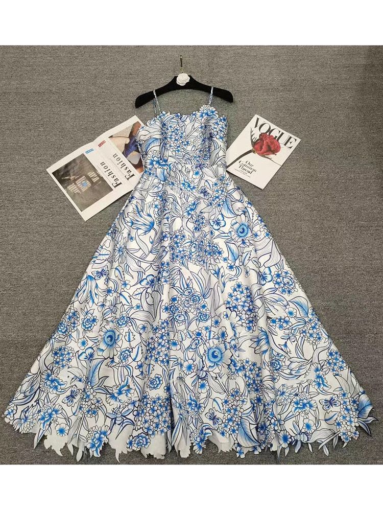 Summer Runway Women's Fashion Spaghetti Strap Flower Print Blue Elegant Long Dress - By Baano