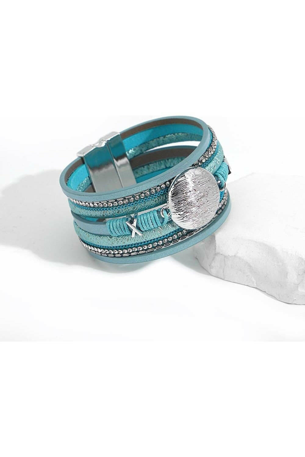 Boho Blue Multilayer Braided Leather Bracelet for Women - Charm Heart Cross Evil Eye Pearl Wrap Bracelets - By Baano