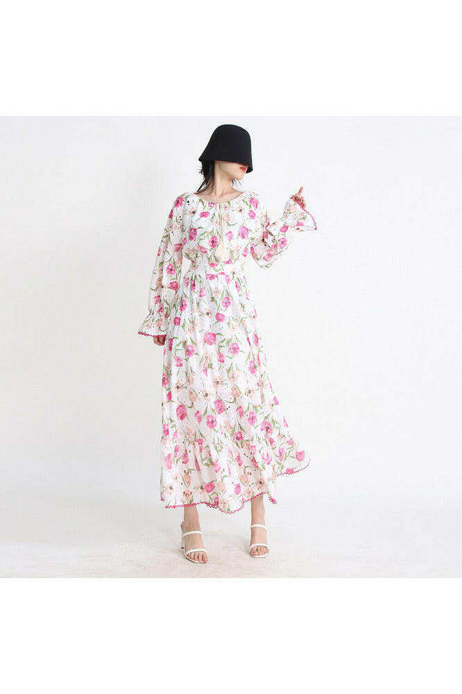 Floral Print Maxi Dresses For Women - Round Neck Petal Sleeve High - Drawstring in Beautiful Pink.