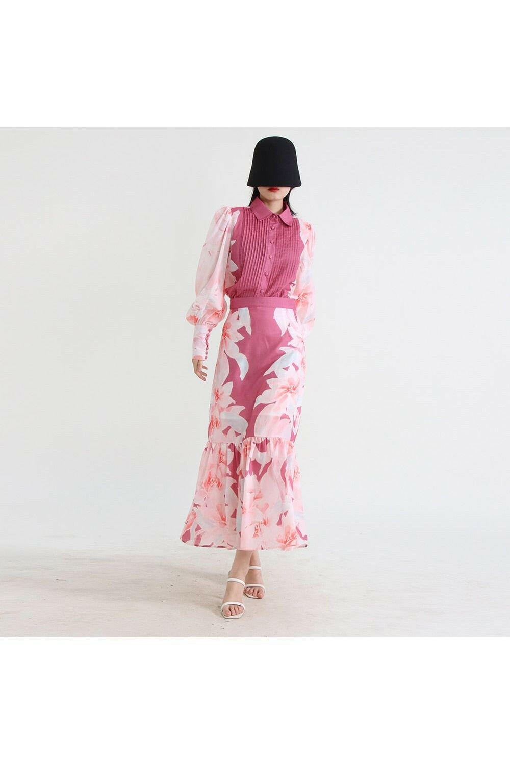 Slim Two Piece Sets For Women Lapel Lantern Sleeve - Pleated Skirts Printing Hit Color Set.