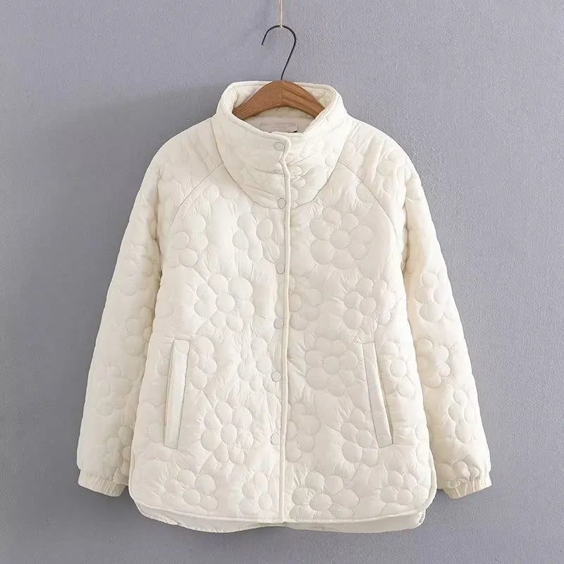Floral Quilting - Plus Size Women's Winter Jacket With Stand Up Collar - By Baano