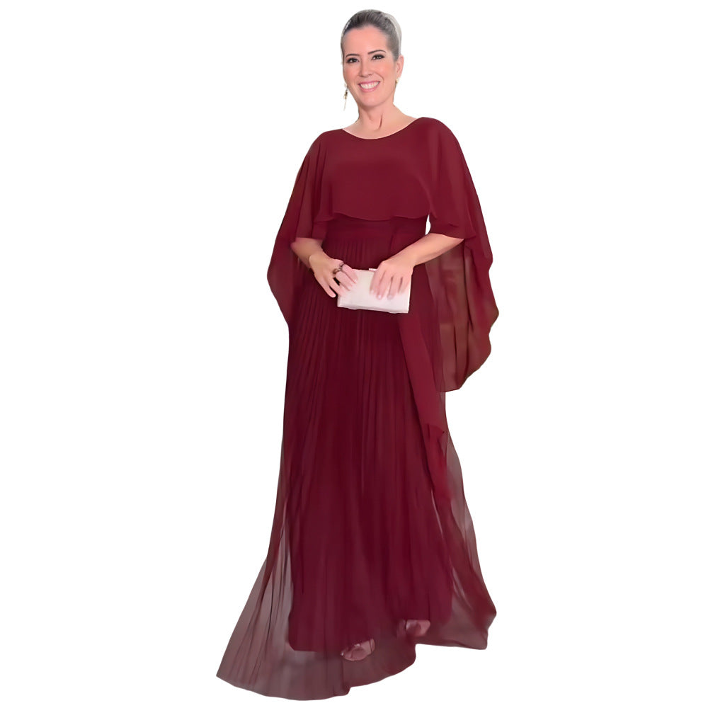 Women's Chiffon Pleated Solid Color Shawl High Waist Dress