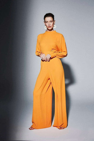 Draped Gathered High Waist Jumpsuit Orange - Modest Jumpsuits - By Baano