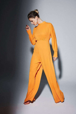 Draped Gathered High Waist Jumpsuit Orange - Modest Jumpsuits - By Baano