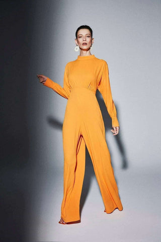 Draped Gathered High Waist Jumpsuit Orange - Modest Jumpsuits - By Baano