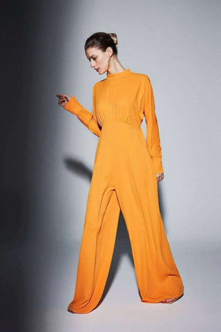 Draped Gathered High Waist Jumpsuit Orange - Modest Jumpsuits - By Baano