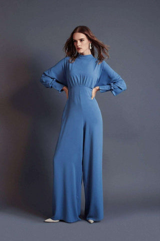 Draped Lisa Gathered High Waist Jumpsuit Blue -Modest Rompers