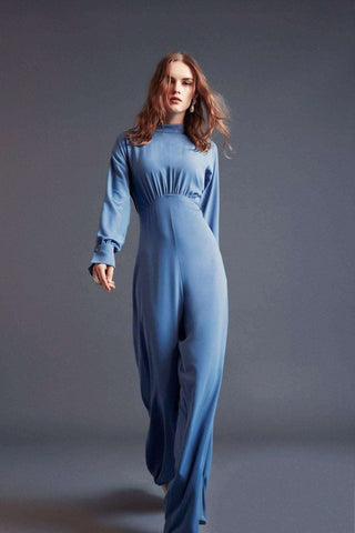 Draped Lisa Gathered High Waist Jumpsuit Blue -Modest Rompers - By Baano