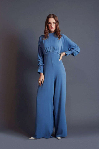 Draped Lisa Gathered High Waist Jumpsuit Blue -Modest Rompers