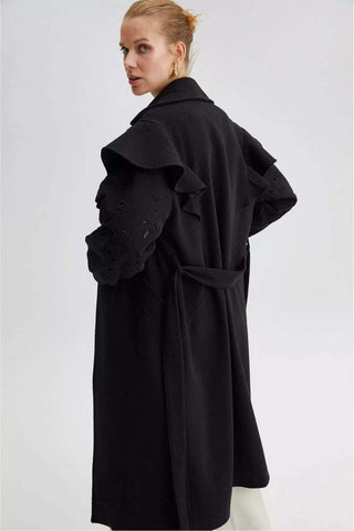 Lace Detailed Coat With Belt - By Baano