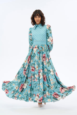 Floral Maxi Dress with Shirt Collar M