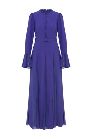 Pleated Design Long Maxi Dress with Decorative Front Buttons - By Baano