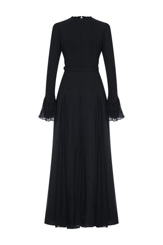 Pleated Design Long Maxi Dress with Decorative Front Buttons - By Baano