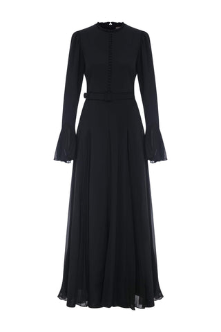 Pleated Design Long Maxi Dress with Decorative Front Buttons - By Baano