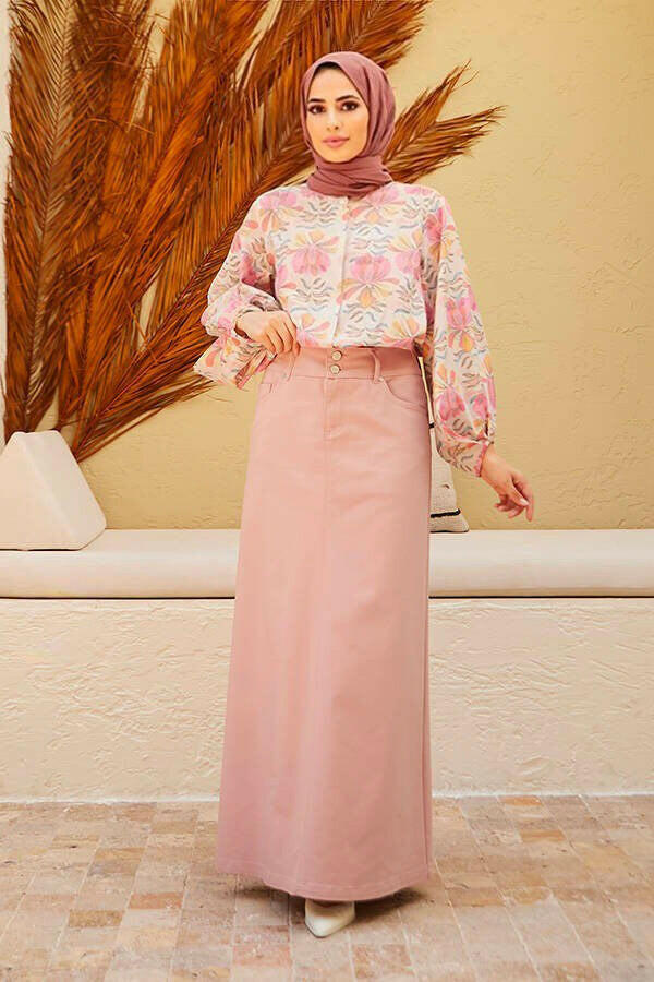 Long Button Front Denim Skirt - Perfect for Spring and Summer - Available in 3 Colors Denim Skirt By Baano 38 - XS Pink 