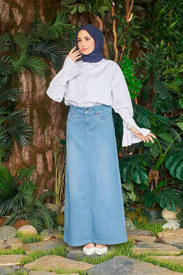 Long Button Front Denim Skirt - Perfect for Spring and Summer - Available in 3 Colors Denim Skirt By Baano 38 - XS Blue 