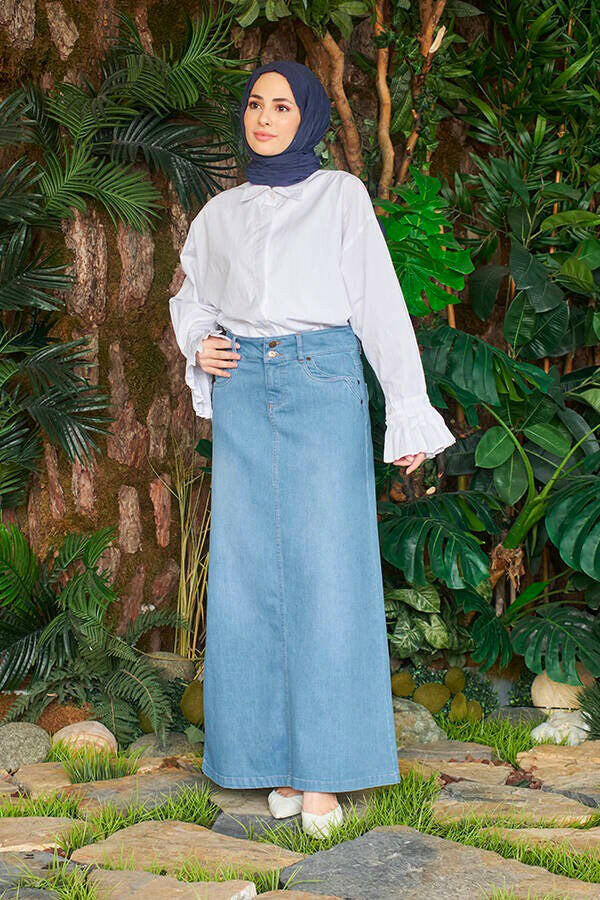 Long Button Front Denim Skirt - Perfect for Spring and Summer - Available in 3 Colors Denim Skirt By Baano 40 - S Blue 
