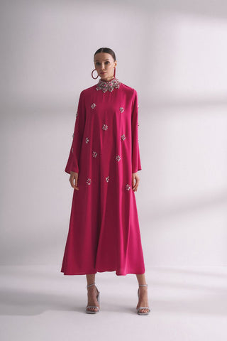 Yoshi Abaya with Embellished Crystal Collar Pink