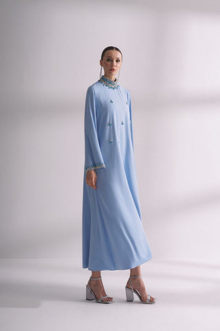 Jewel Neck Hamdan Abaya with Rhinestones - Modest Blue Dress - By Baano