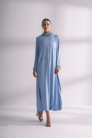 Jewel Neck Hamdan Abaya with Rhinestones - Modest Blue Dress