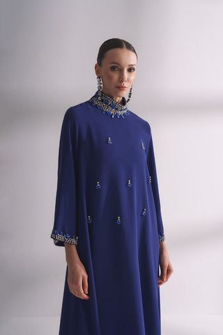 Jewel Neck Hamdan Abaya with Rhinestones - Modest Blue Dress - By Baano