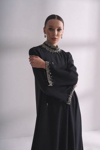 Jewel Neck Hamdan Abaya with Rhinestones - Modest Blue Dress - By Baano