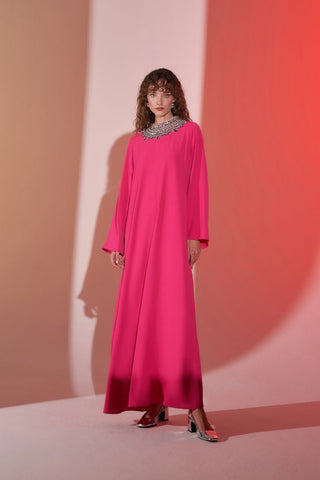 Ramha Jewel neck A line Abaya - Modest Pink Dress - By Baano