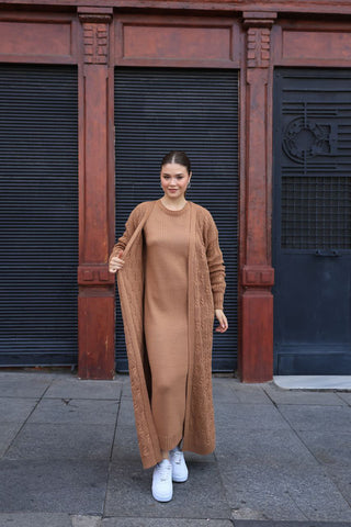 Cozy Elegance: Two-Piece Women's Maxi Sweater Dress and Knitted Over Coat - By Baano