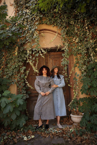 Gray Wash Denim Dress with Lapel Collar and White Ribbon Design