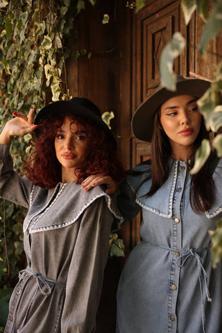 Gray Wash Denim Dress with Lapel Collar and White Ribbon Design