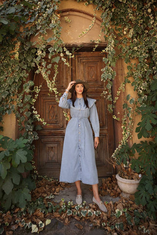 Gray Wash Denim Dress with Lapel Collar and White Ribbon Design - By Baano