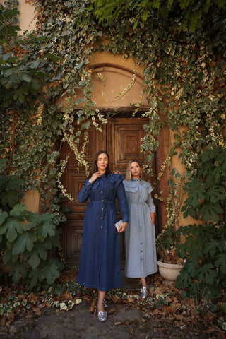 Light Wash Denim Dress with Lapel Collar and Rhinestone Design - By Baano